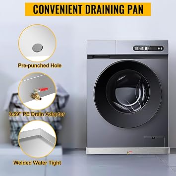 Washing Machine Pan 32 x 30 x 2.5 Inch, 304 Stainless Steel Drain Pan 18 GA Thickness Heavy Duty Compact Washer Drip Tray with Drain Hole & Hose Adapter