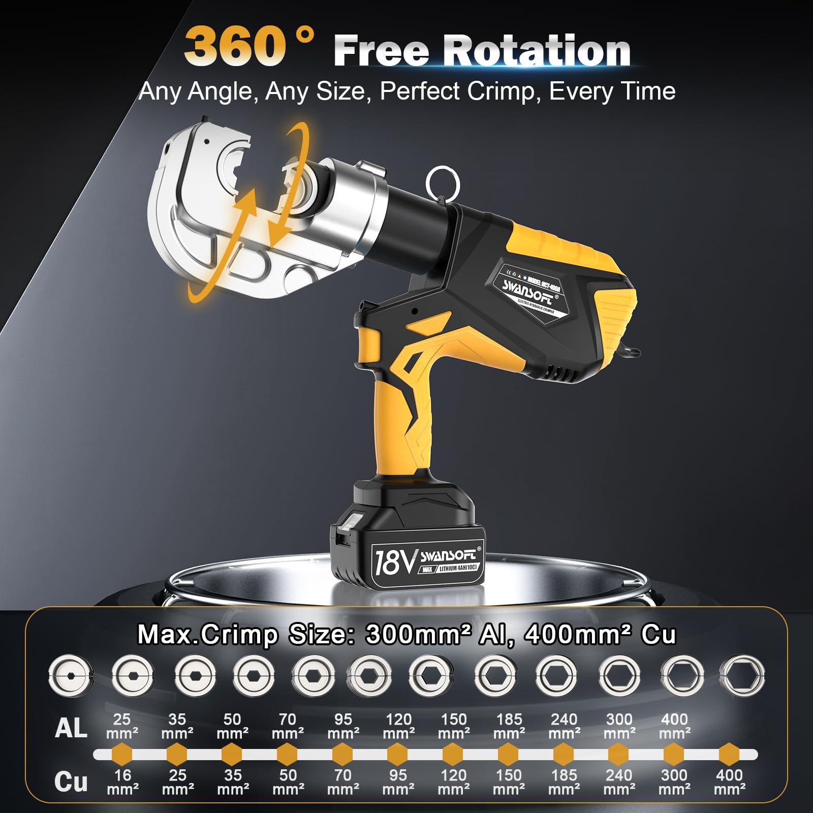 SWANSOFT Pince À Sertir Électrohydraulique 12 Tonnes 16mm²-400mm² Rechargeable Kit Sertissage Cosses Câble 12 Matrices
