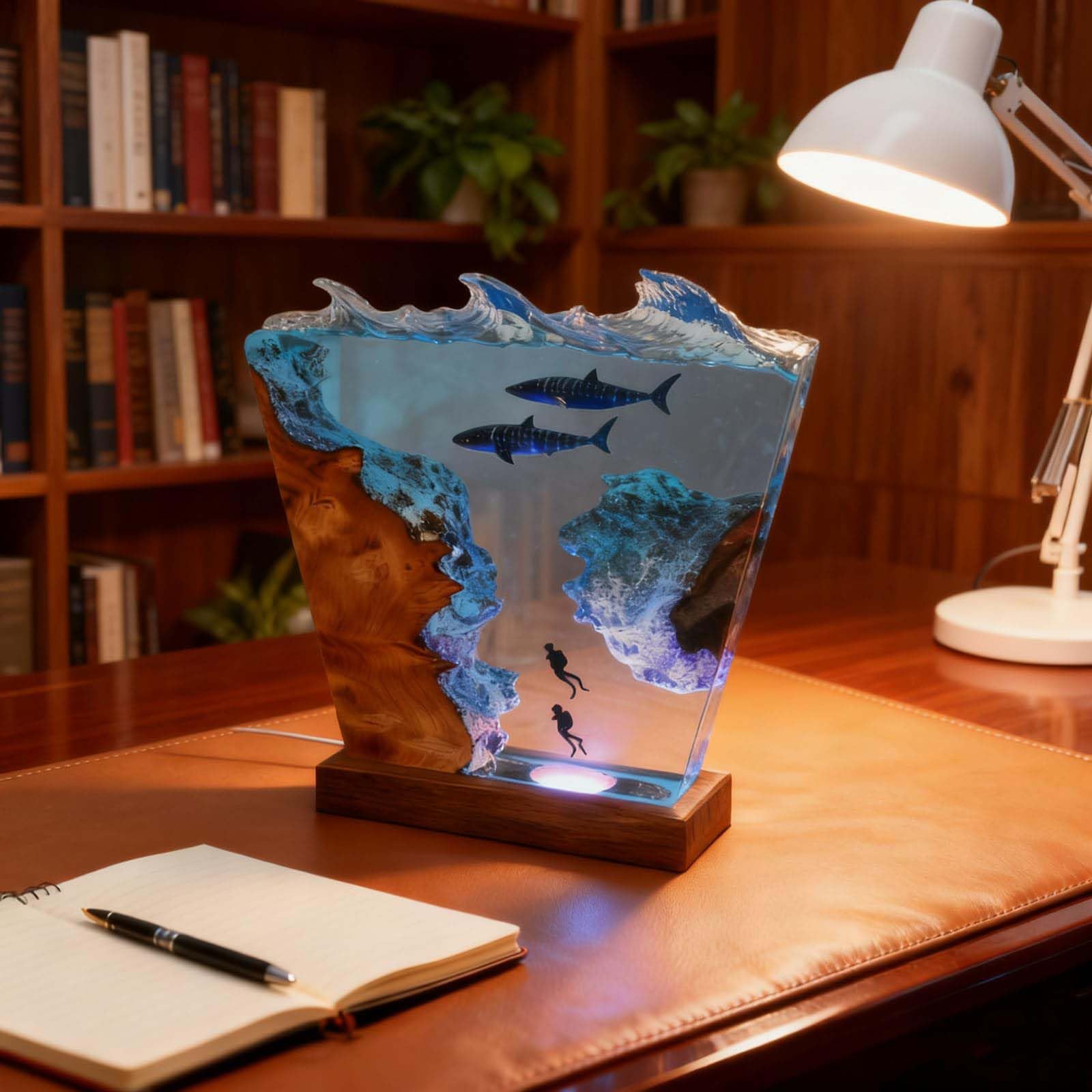 Drawelry Epoxy Resin Lamp,Handmade LED Ocean Diver Night Light,Bedside Table Lamp,Resin Art Lamp for Men Office Decor,Bedroom Decor Suitable for Holidays (Style 3)
