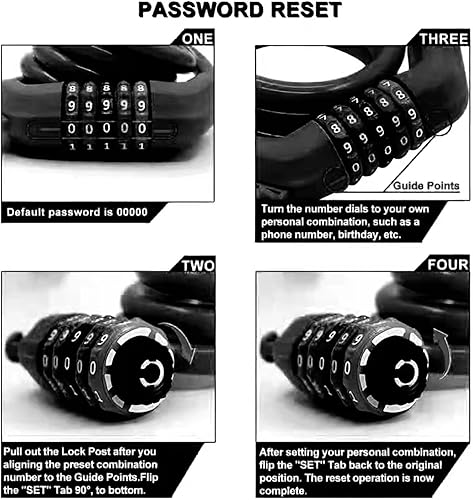Miniatura 4 de Cable de bloqueo de bicicleta, bloqueo de cable reiniciable de 4 pies, bloqueo de bicicleta con combinación de 5 dígitos autoenrollable, perfecto