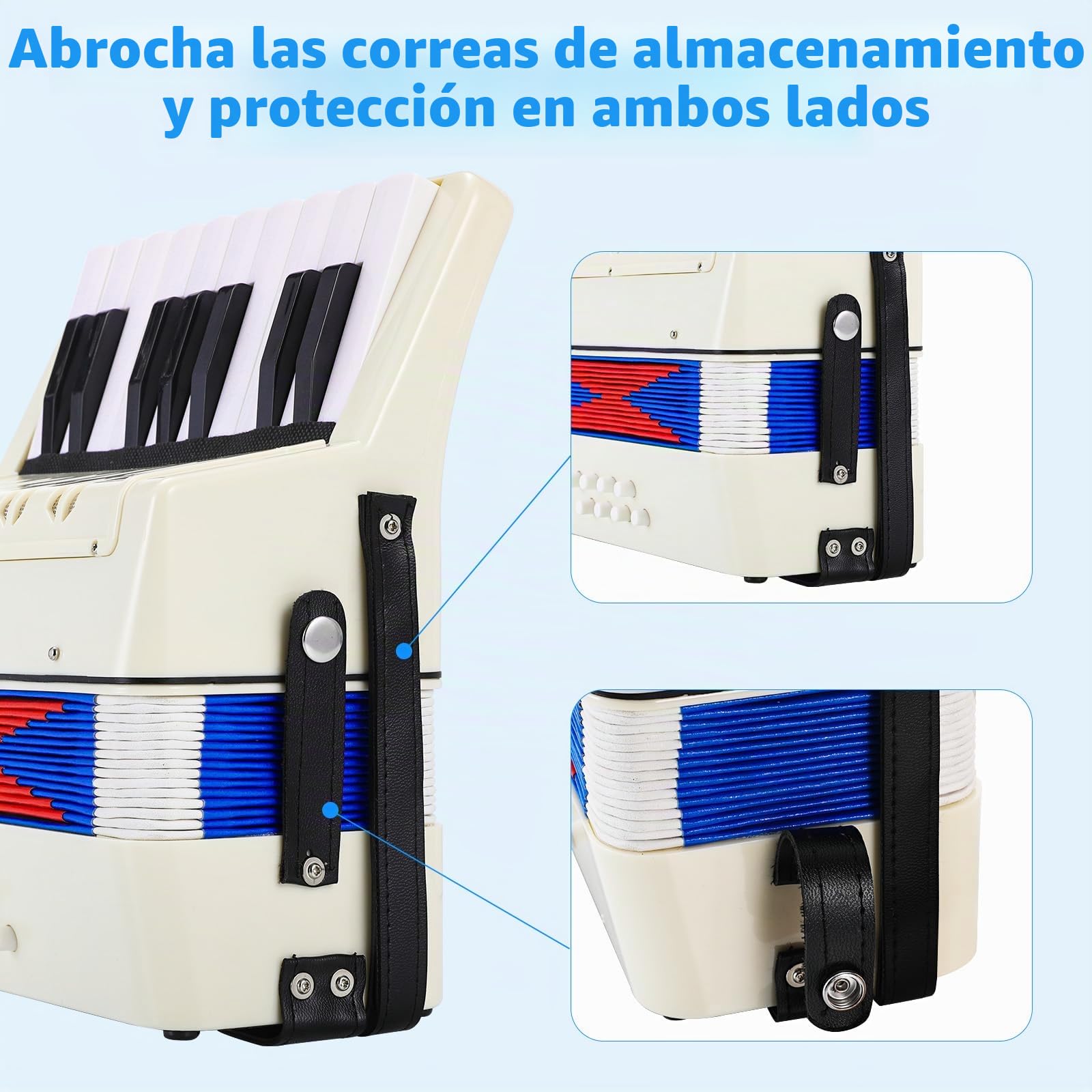 Acordeón Infantil,17 Teclas 8 Bajos Acordeón de Piano,Concertina Instrumentos Musical para niños con Correas Ajustables,Acordeón Juguete Instrumento Musical Adultos y Niños de más de 3 años (Blanco)