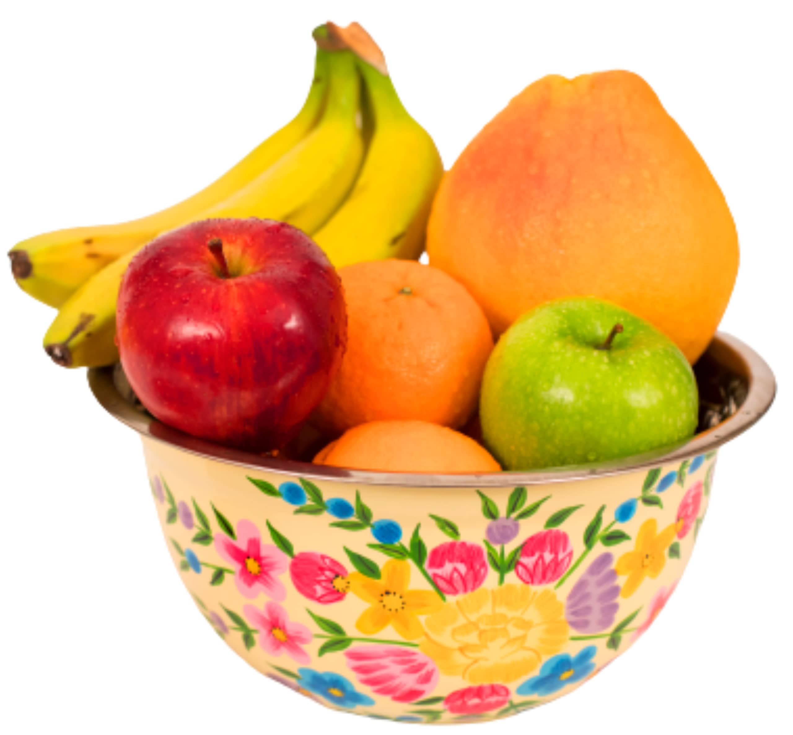 Large Hand Painted Stainless Steel Fruit Bowl - Decorative Floral for Salad Mixing and Serving - Traditional Kashmiri Art for Home Decor (Cream)