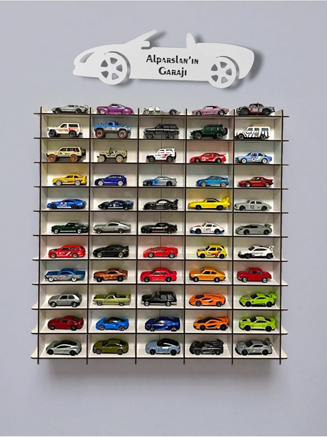 SODEF Personalized Nameplate Car Shelf for 50 Wheels & Matchbox Cars - White Display Rack - White