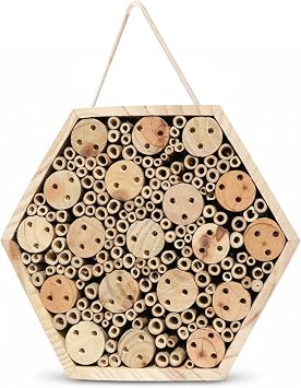 Bug Hotel Hexagon Wooden Bee House for Garden Natural Hotel with Hanging Rope, Mason Bee House for Outdoor to Attract Pollinators, Bug Garden Decoration