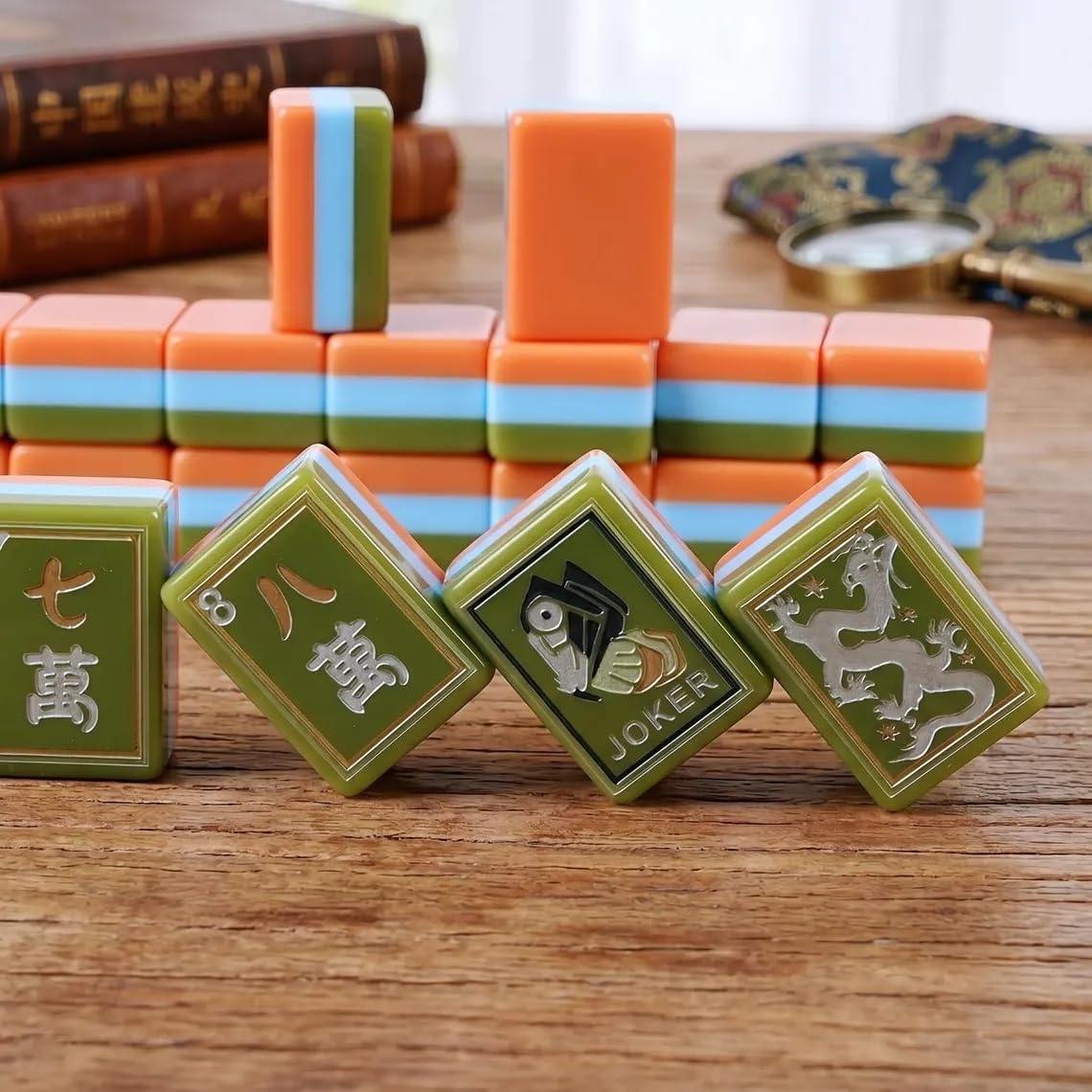 Handgemaltes Ölgemälde, amerikanisches Mahjong-Set, Gravur, Reisespiel | 160 Acryl-Fliesen, 4-lagig, Olivgrün, Himmelblau und Terrakotta, Geschenk für Fliesenliebhaber