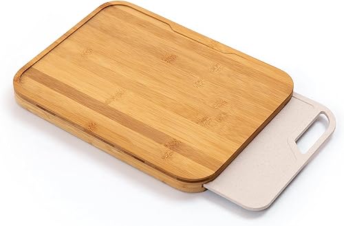 KitchenEdge Tabla de cortar de bambú con tabla de cortar de fibra de arroz anidada para preparación de cocción, juego de cocina de 2 piezas, pies de