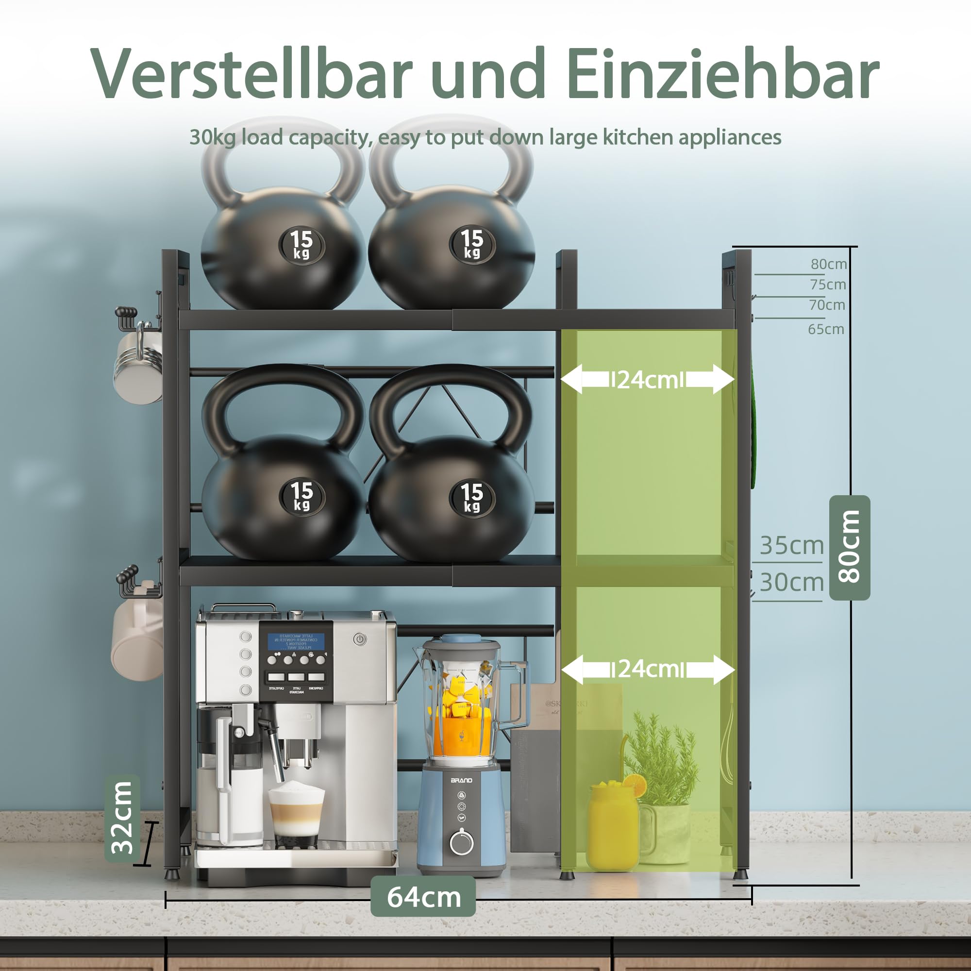 NETEL Verstellbares Mikrowellen Regal 3-stufig, Regal über mikrowelle, küchenregal stehend für arbeitsplatte,Bäckerregale, küchenregal mit 2 Getränkehalter,schwarz, Ausziehbar 40-64cm