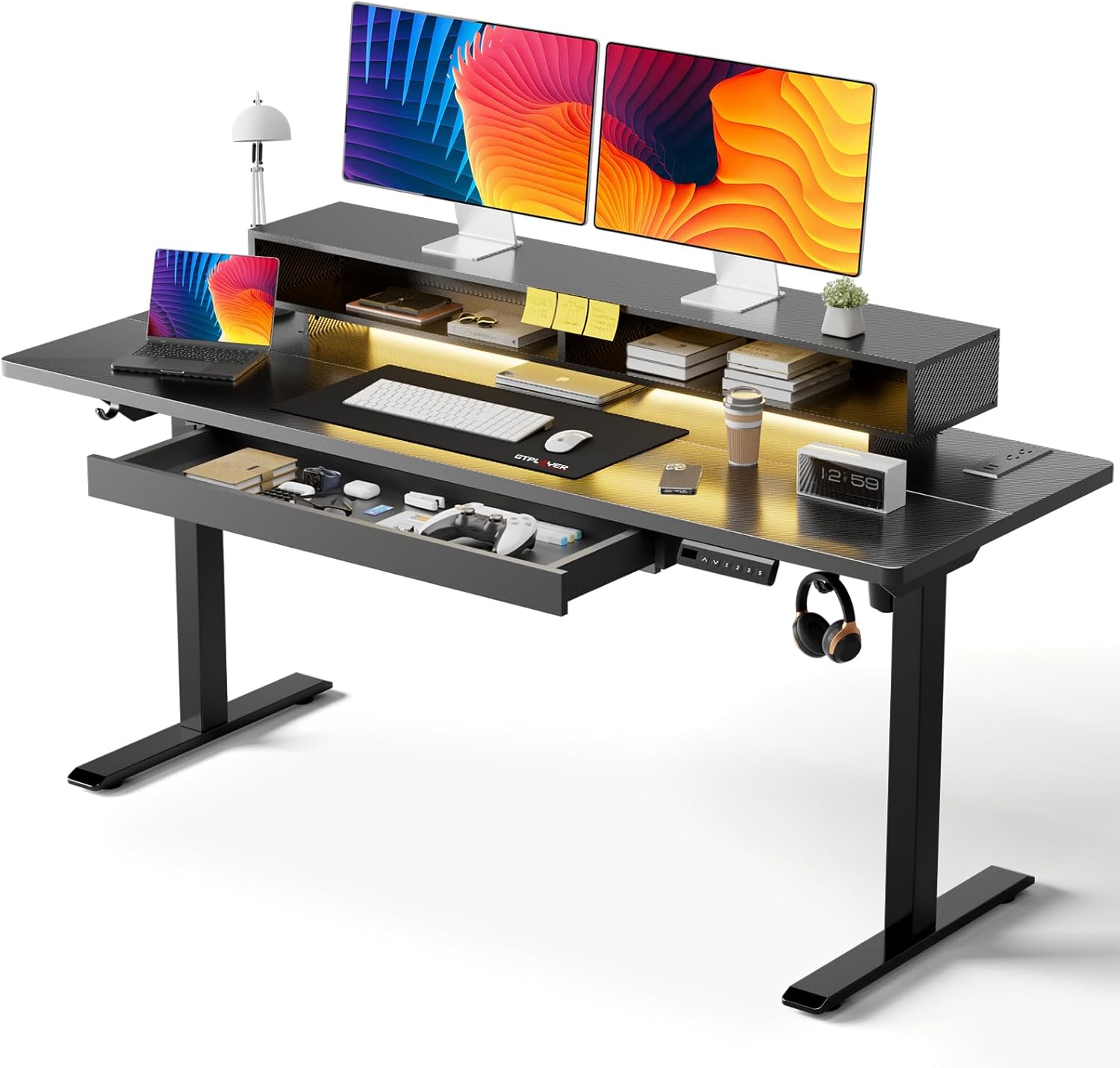gtplayer electric standing desk with drawers, 55 x 24 inch height adjustable gaming desk with monitor stand, power outlets & led lights, home office sit stand up desk with memory preset controller black 55*24"