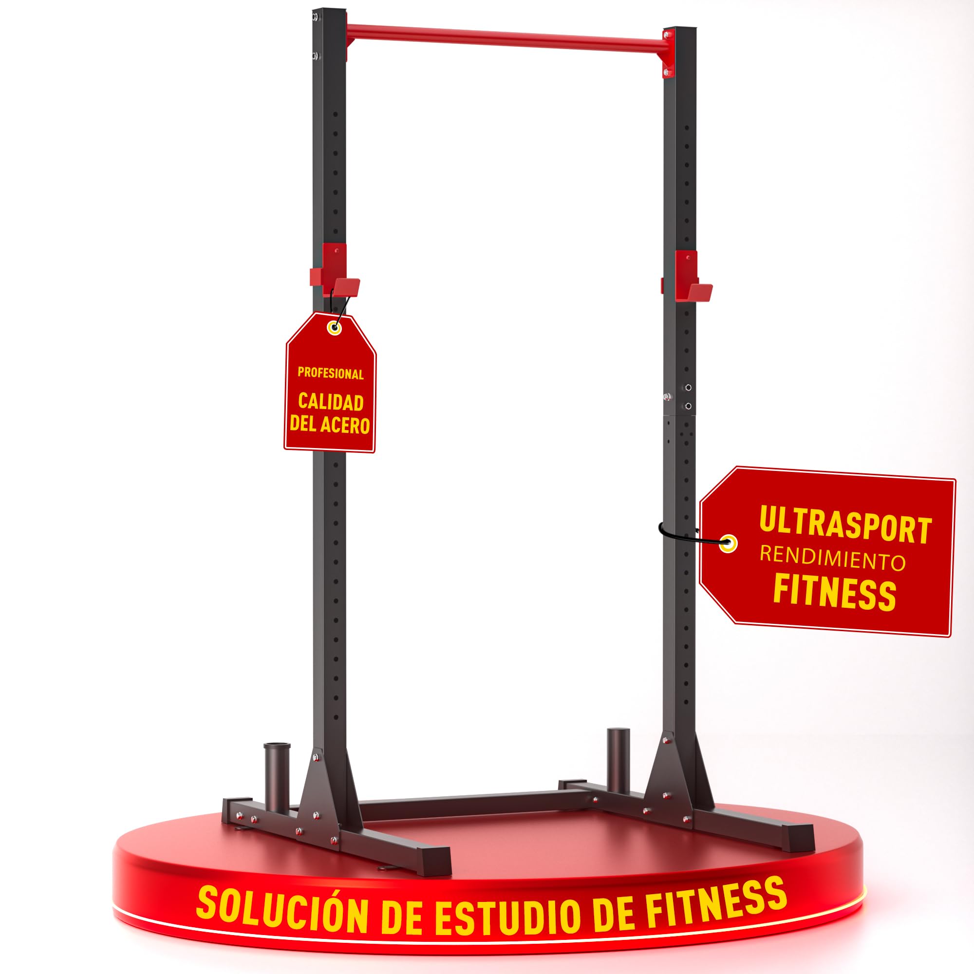 Ultrasport Power Rack, Rejilla multifuncional para entrenamiento efectivo todo cuerpo, construcción acero, perfecto principiantes y pros, multigimnasio con barra, torre Aptitud, Negro/Rojo