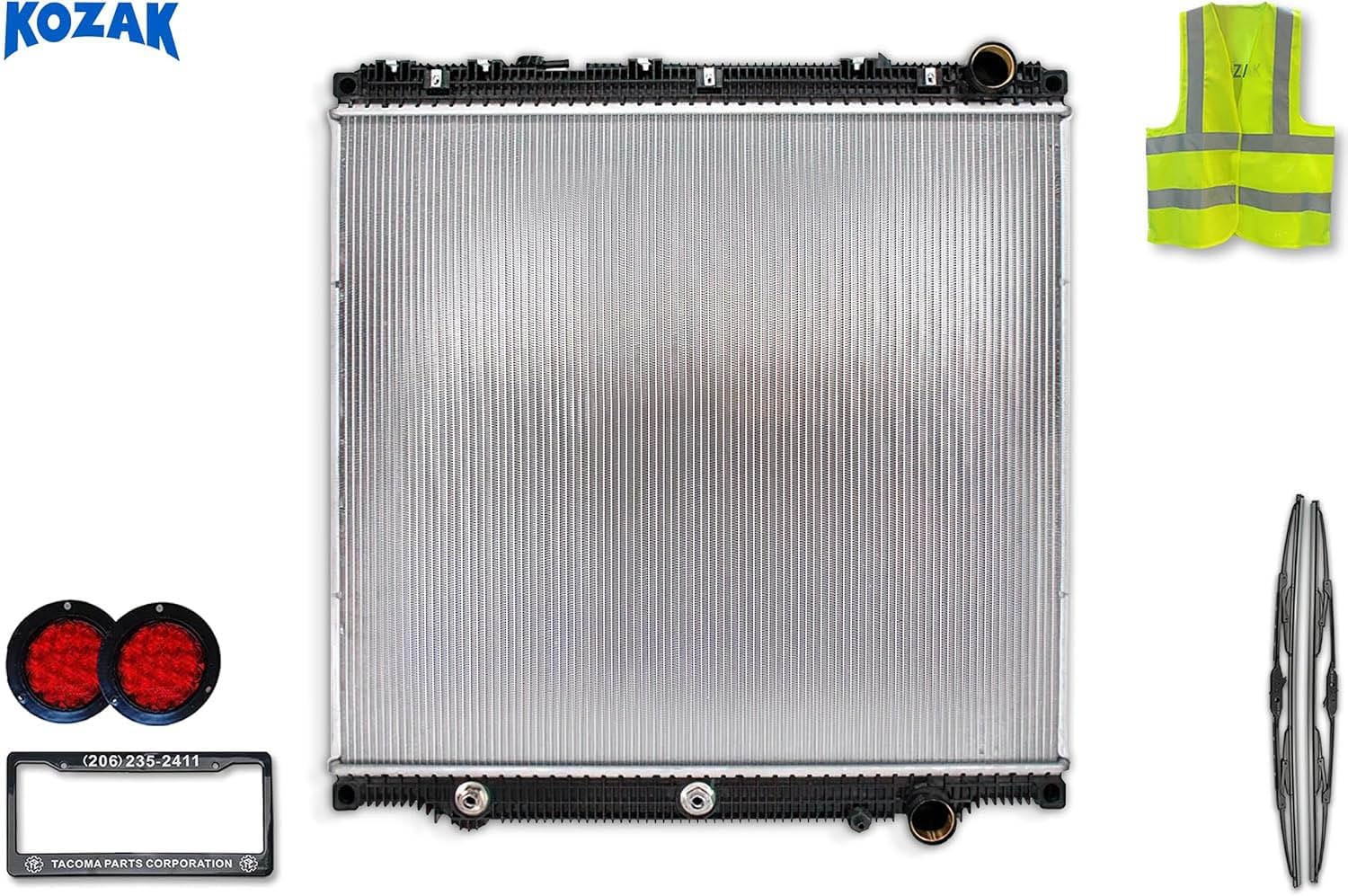 KOZAK Radiator 238850 Compatible With Freightliner Cascadia 2017 & Newer, Includes Logo, Windshield Wipers, License Plate Frame, 2x Trailer Tail Lights, and Reflective Vest