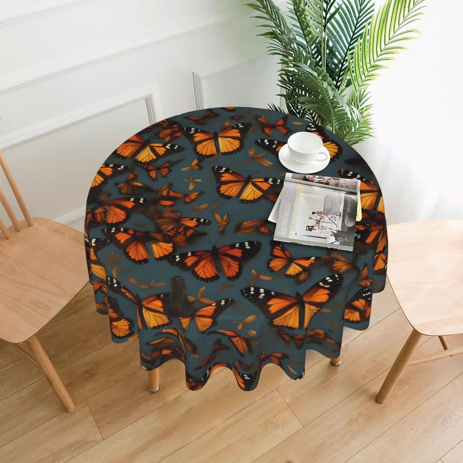 Nbtghga Heaps Of Orange Monarch Butterflies Print Tablecloth Round Border Table Cloth Cover Decorative For Party Holiday Dinning Tabletop Home