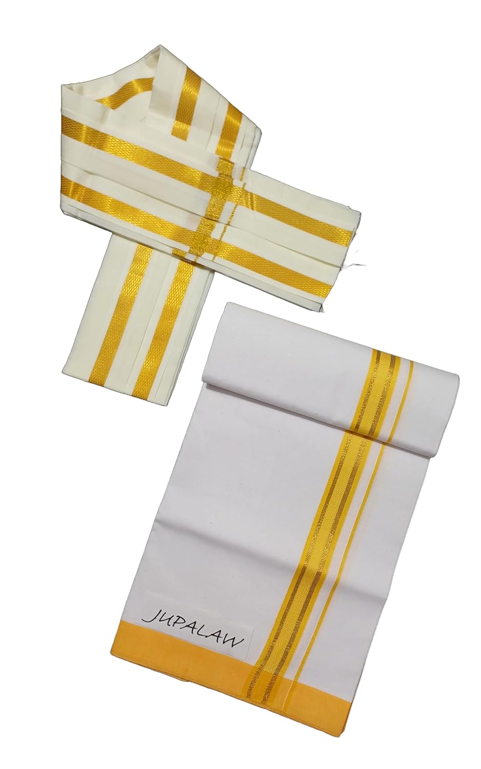 Men’s Cotton Dhoti with Angavastram, Traditional White Lungi and Gamcha Towel Set, 2 Metres, Zari Big Border Men’s Cotton Dhoti with Angavastram, Traditional White Lungi and Gamcha Towel Set, 2 Metres, Zari Big Border