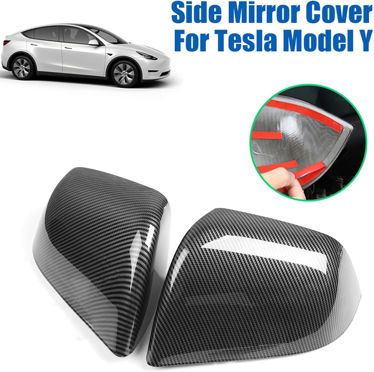 Carbon Fiber Side Mirror Cover Caps for Tesla Model Y 2023-2020, Pair, Replacement, Round, Special Feature: Carbon Fiber Design