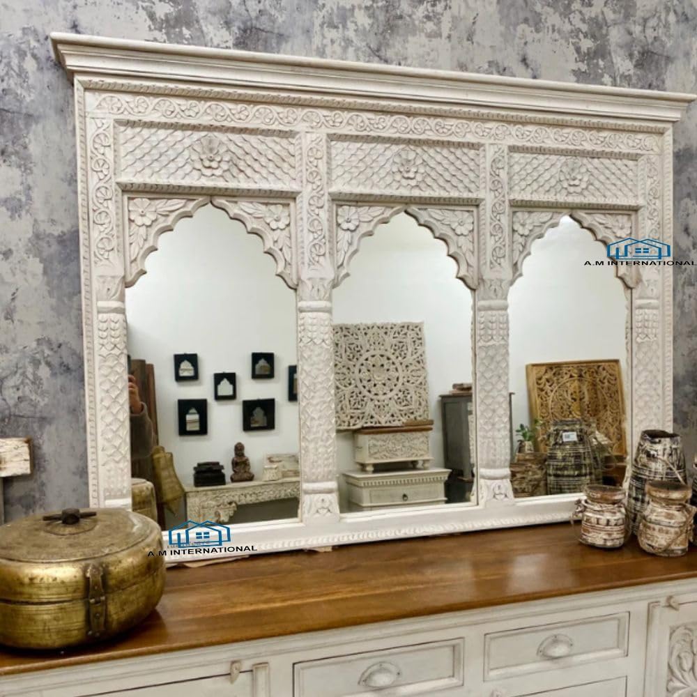Wall Mirror for LIVINGROOM | Wooden JHAROKHA for Wall Decor | Wooden Carved Wall Mirror Frame for Bedroom LIVINGROOM (Without Mirror) 5 * 3 FT
