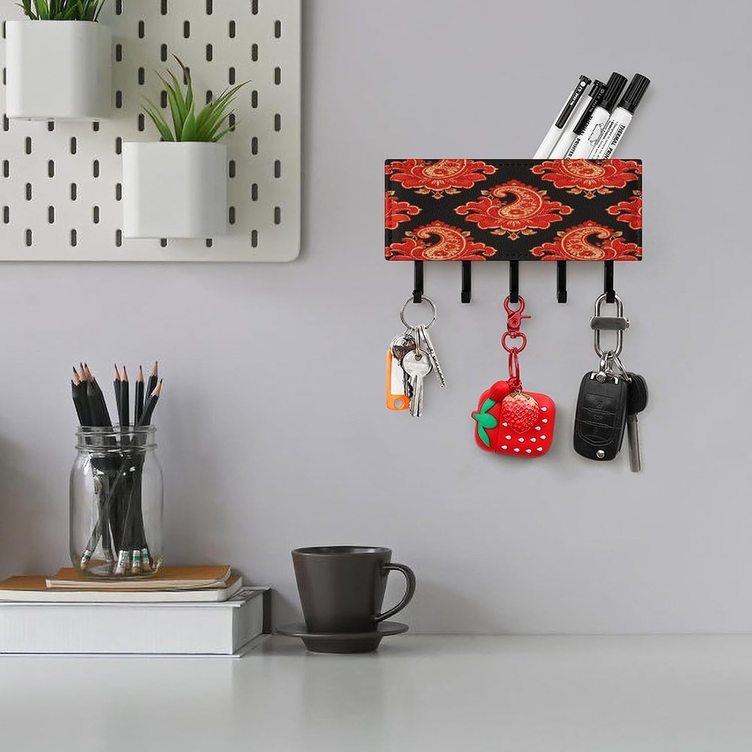 Red Cashew Flower PU Leather Key Holder Wall Mount image 5