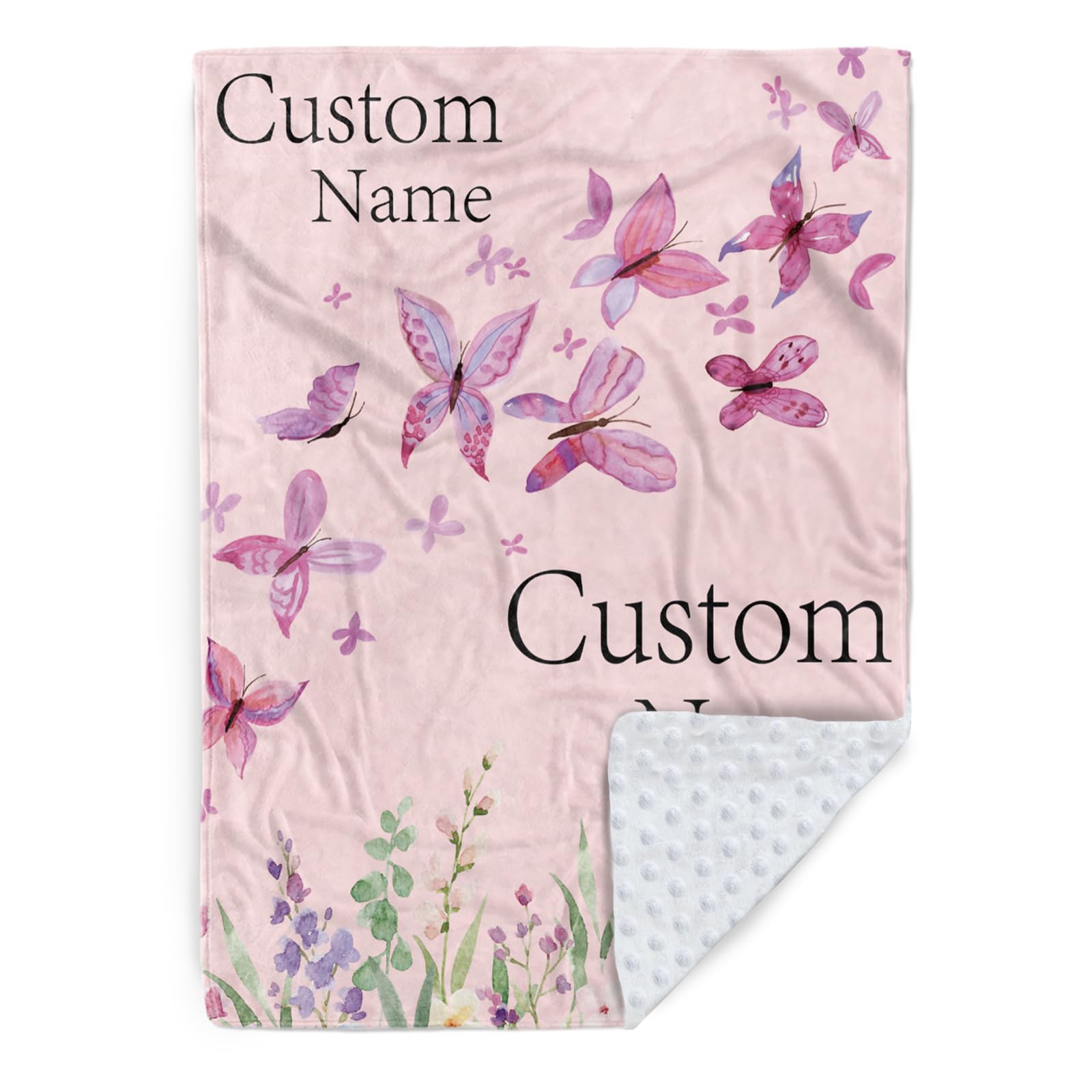 Mybbao Personalized Baby Blanket, Double Layer Soft Custom Blankets for Newborn Boys Girls with Name, Dot Back Butterfly Flannel Throw Blanket for Baby Shower, Birthday Gifts