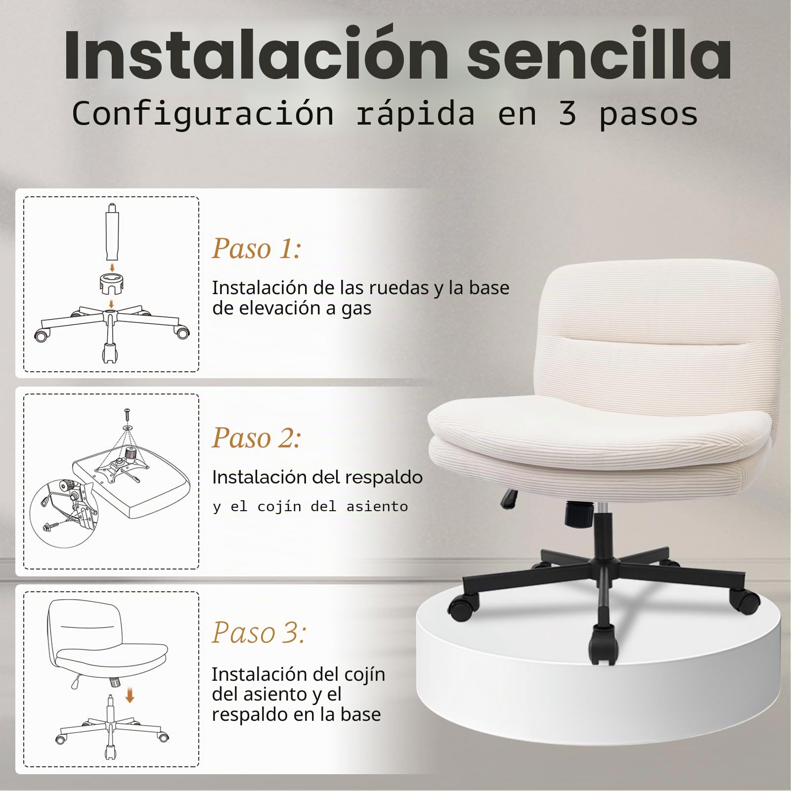 Durrafy Silla Oficina Ergonómica Sin Reposabrazos Beige, Silla Tocador y Maquillaje, Asiento Ancho para Piernas Cruzadas, Altura Ajustable, Giratoria 360°, Ruedas Silenciosas, Capacidad 136 kg