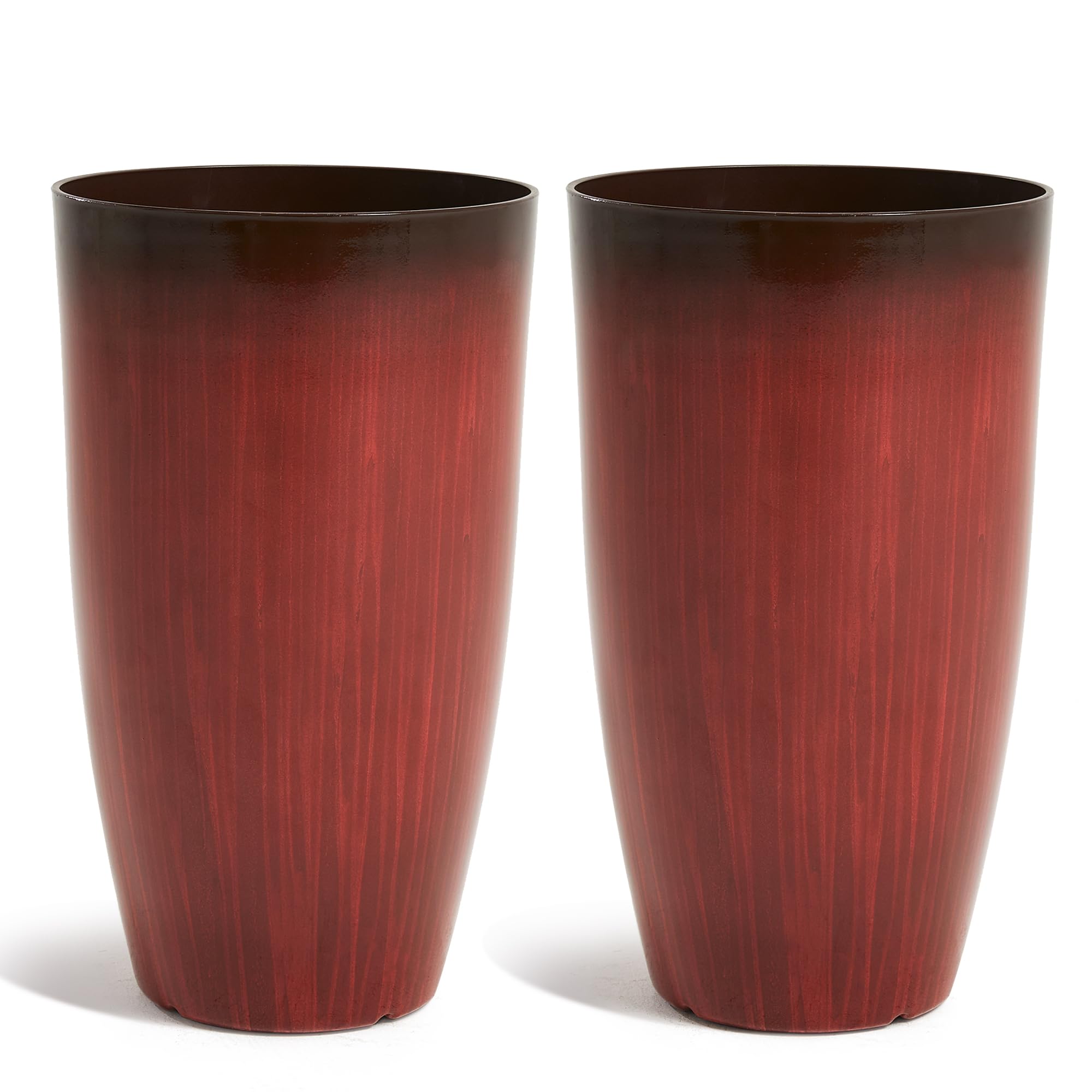 Worth Garden 20" H. Plastic Planters - Set of 2 Gradient Red Glossy Smooth Finish - Tall Plant Pots Drain Hole for Indoor Outdoor Use - Decorative
