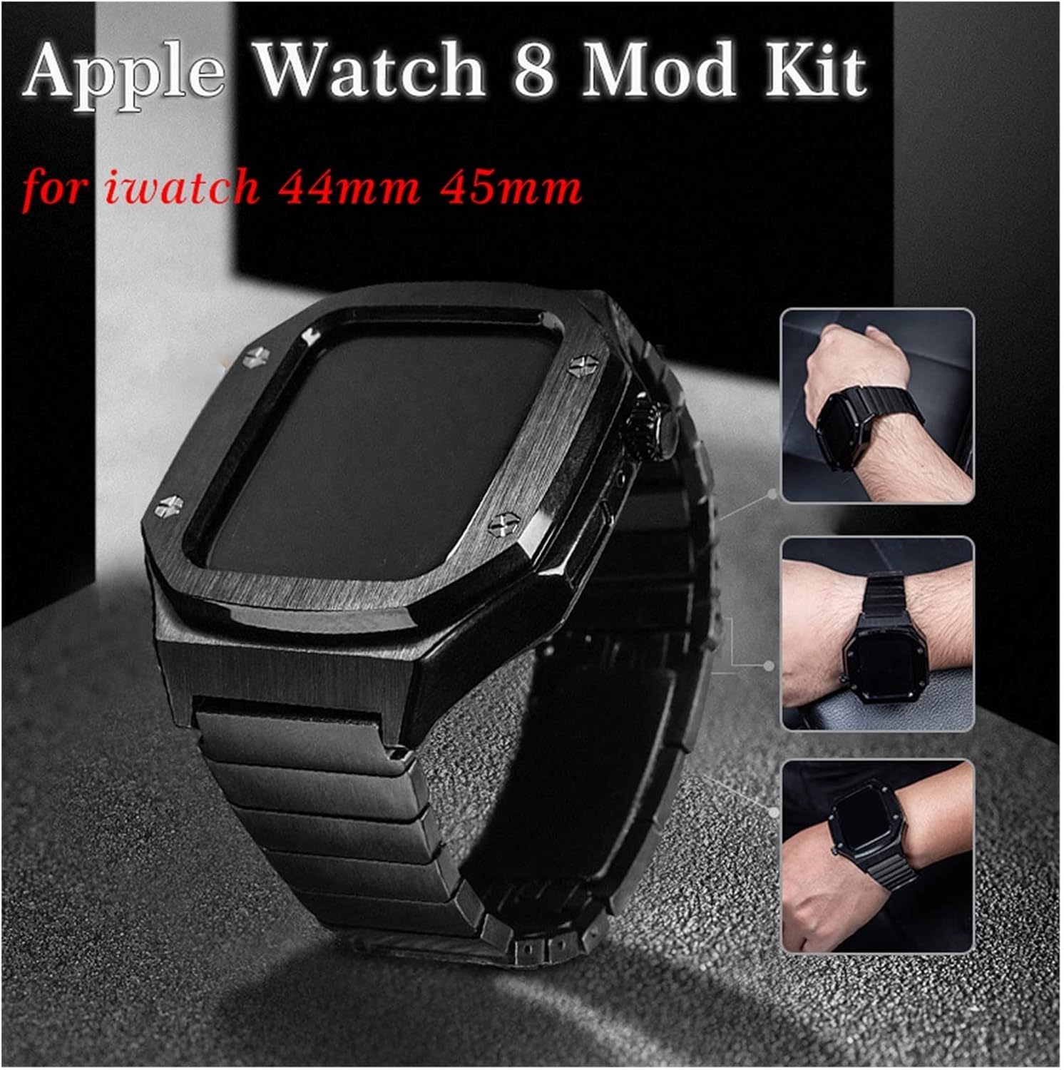 Modification Kit for Apple Watch Band 8 7 45mm Luxury Metal Case Bezel Strap for iwatch 6 se 5 44mm Correa Leather Watchband (Color : Silver, Size : 45mm)