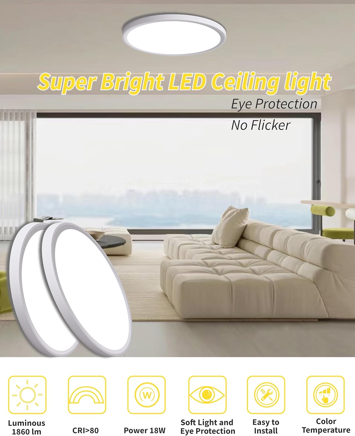 4pack 9 Inch Flush Mount Ceiling Light, 18w Led Ceiling Light, 3000k/4000k/6000k Selectable 1860lm Ceiling Light, Super Slim Led Light Fixture For Bedroom Kitchen Living Dining Room Office