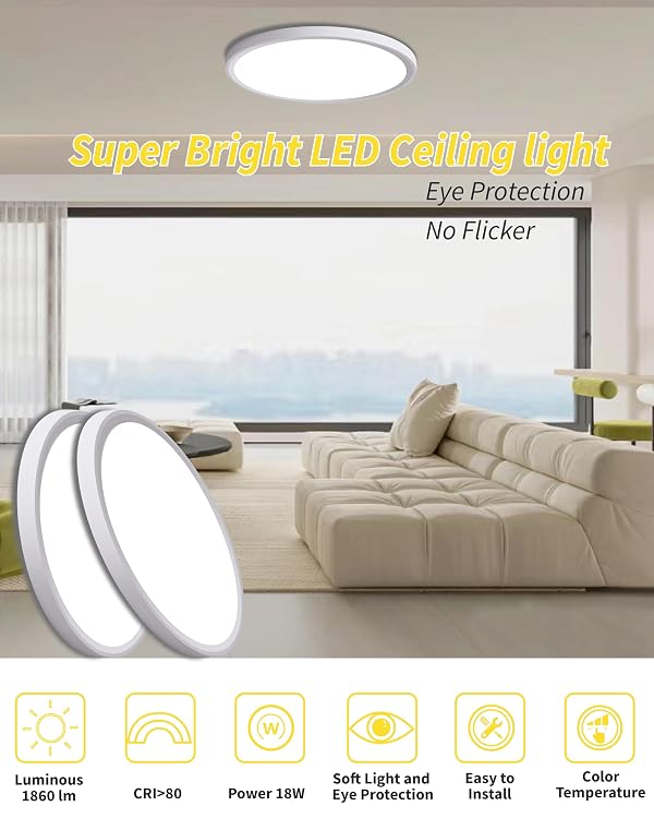 4pack 9 Inch Flush Mount Ceiling Light, 18w Led Ceiling Light, 3000k/4000k/6000k Selectable 1860lm Ceiling Light, Super Slim Led Light Fixture For Bedroom Kitchen Living Dining Room Office by Bright Future Lighting - Used condition - Image 2