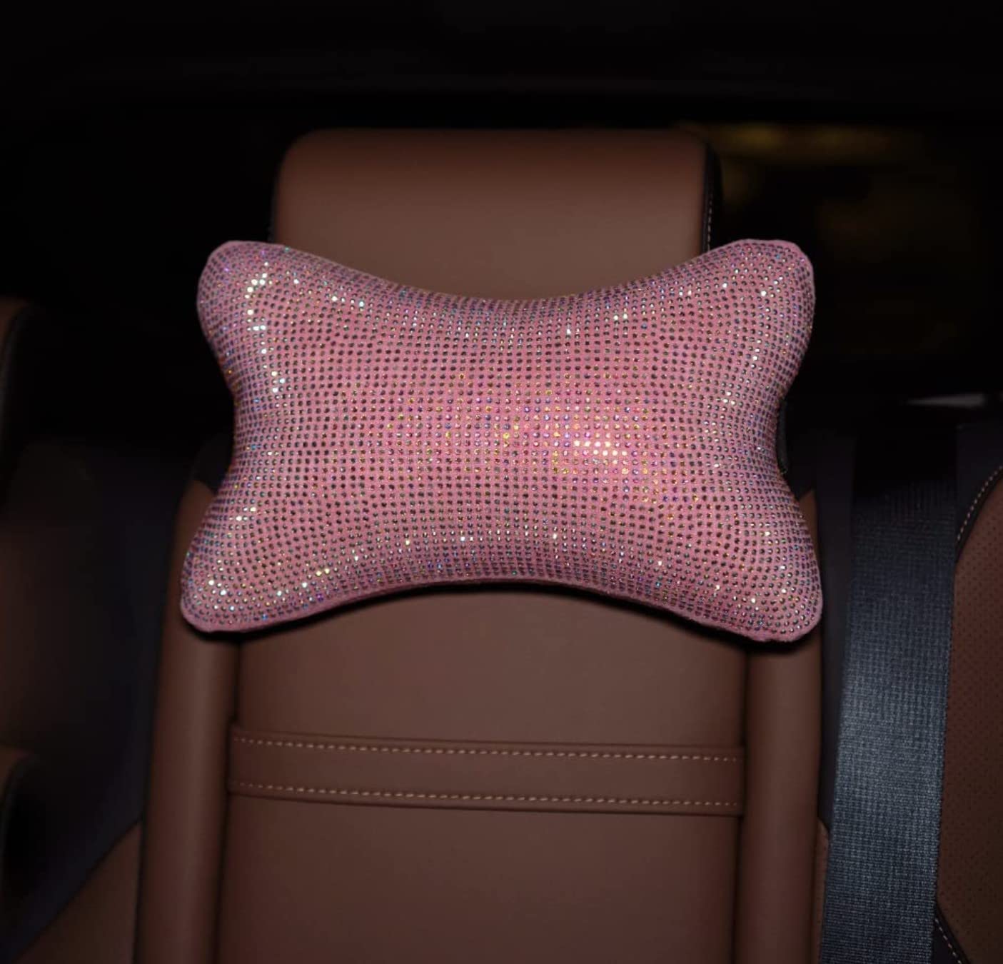 Pillow Headrest Shiny 2 Pack Car Neck Pillow for Driving Seat Auto Headrest Cushion Head Rest Neck Support Relax Crystal Rhinestone Diamond Interior Bling Accessories Comfortable (Pink)