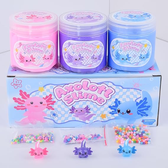 3 Pack Axolotl Butter Slime, Butter Slime Kit with Pink, Blue, Purple Axolotl Charms, Soft and Stretchy, Slime Party Favor for Girls & Boys, Classroom Rewards, Birthday Gifts for Kids