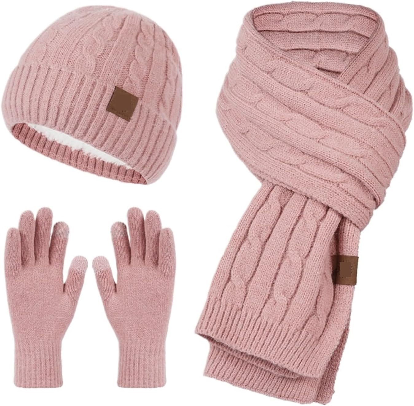 Winter Hat Scarf Gloves Hat Gloves and Scarf Set with Fleece Lining for Extra Warmth for Cold Weather(Pink)