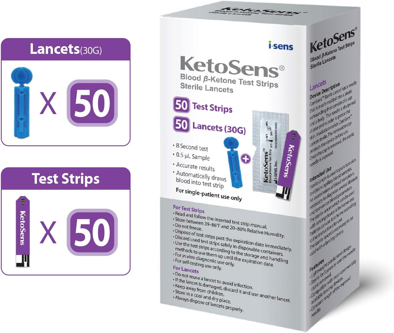 KetoSens Blood Ketone Test Strips and Lancets - Ideal for The Keto Diet and Ketosis Monitoring - Includes 50 Test Strips & 50 Lancets…