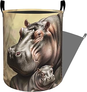 Gentle Hippos with Baby Together Laundry Basket with Handles, 19.7"x15.7" Clothes Foldable Laundry Hamper Organizer for Dorm Nursery Bedroom Bathroom Decor, Toy Storage Bin for Kids
