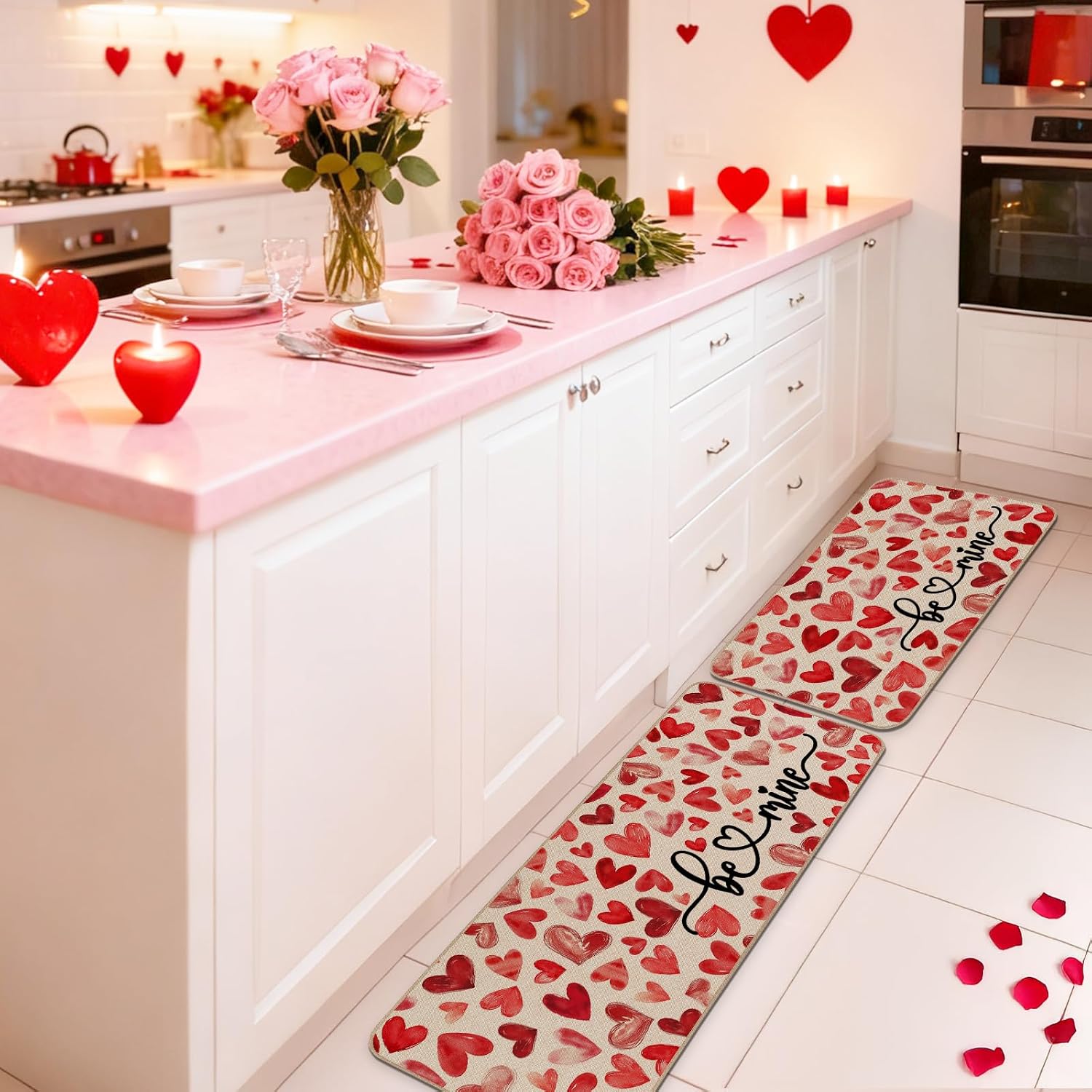 Moutina Be Mine Valentines Kitchen Rugs Set of 2, Love Heart Home Decor Low-Profile Kitchen Mats for Floor - 17x29 and 17x47 Inch