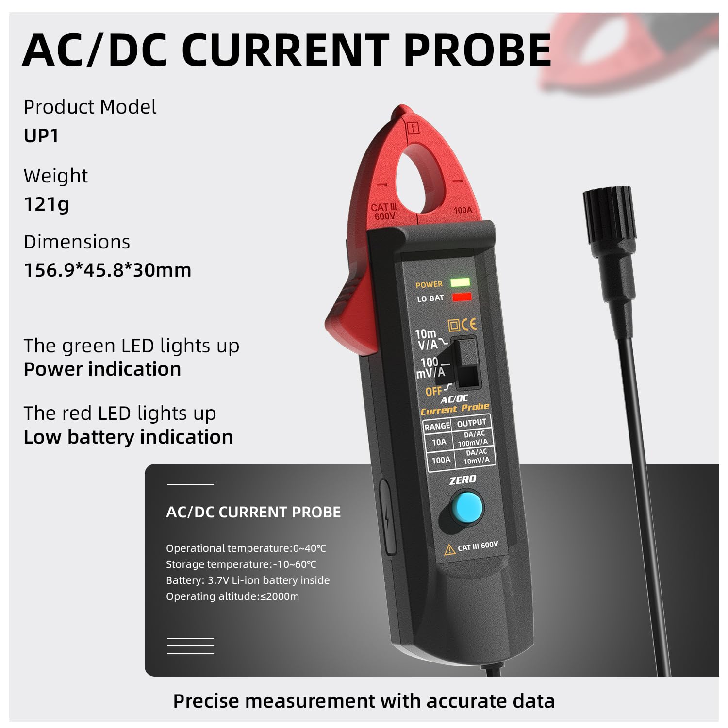 BSIDE UP1 AC/DC-Stromzangen messwandler für digitale Oszilloskope 100A Stromzange 20KHz-Bandbreite Oszilloskop Messzange mit BNC Anschluss