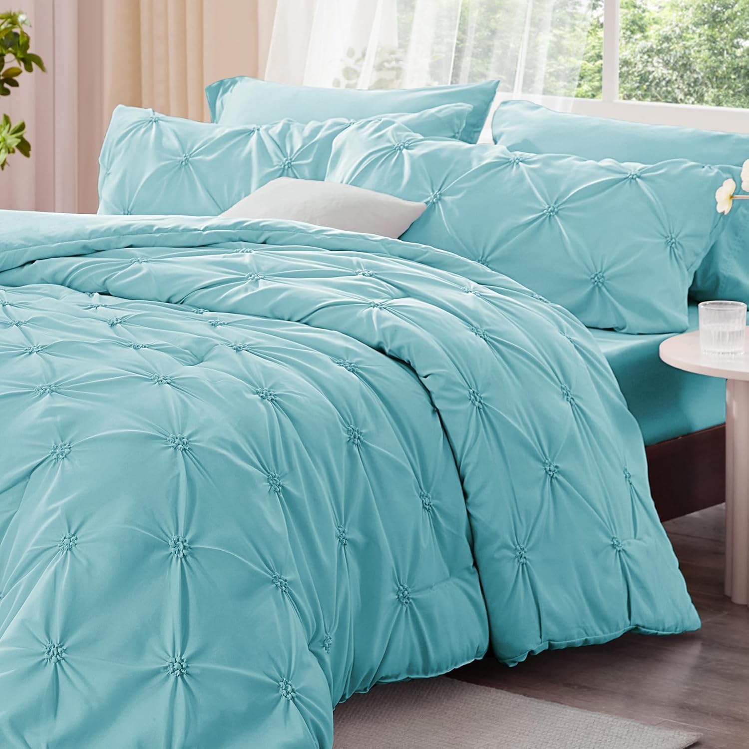 BEDELITE Macaron Blue Queen Comforter Set - 3 Pieces Boho Pintuck Bedding Comforter Sets, Lightweight Soft & Warm Bed Comforter Queen with 2 Pillowcases for All Season - Image 2