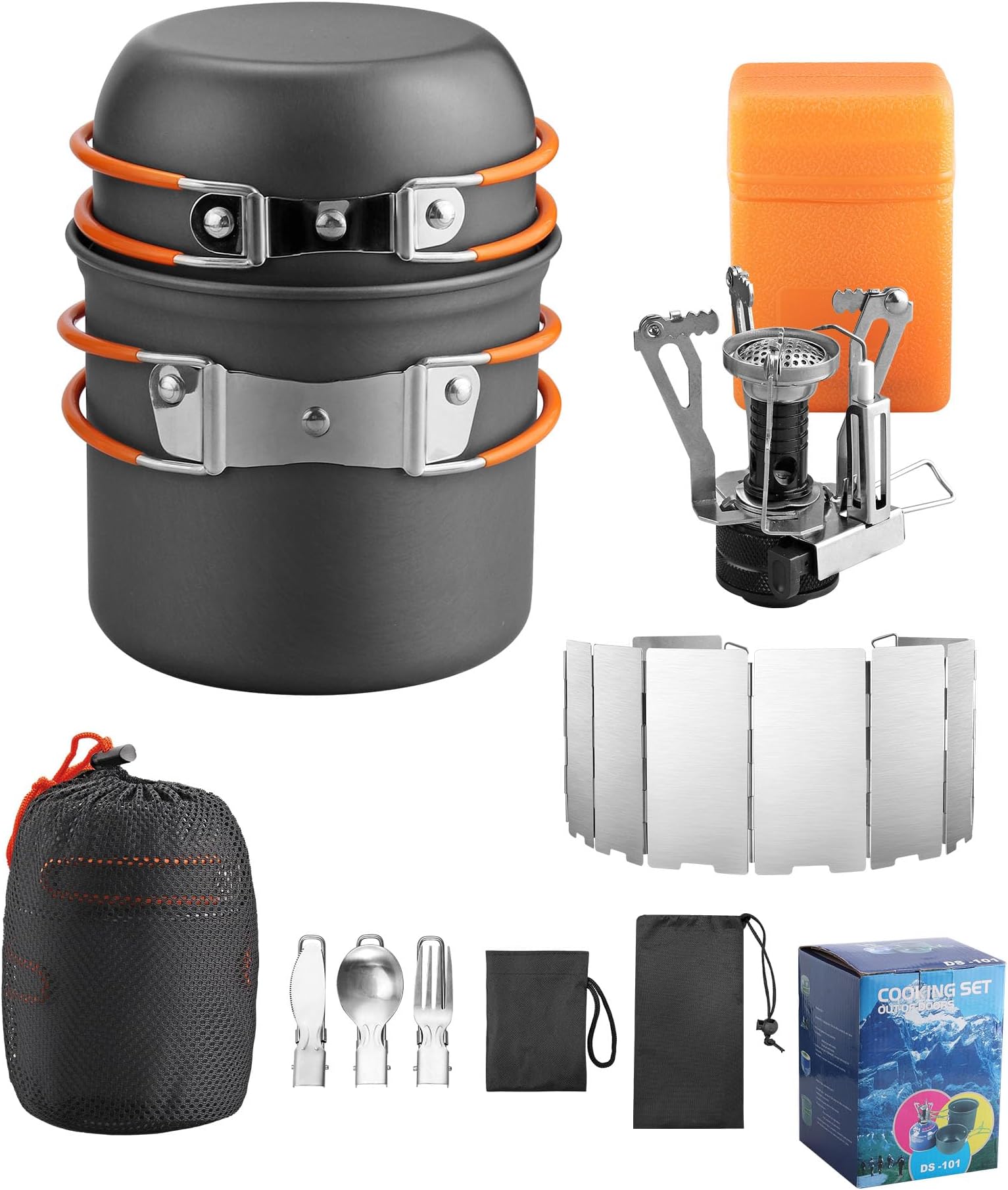 HOMGEN Camping Cookware Set with Mini Stove and Stove Windshield for 1-2 People - 11 PCS Portable Aluminium Camping Cooking Pot Set - Non Stick Camping Cooking Set Utensils for Hiking Picnic Fishing