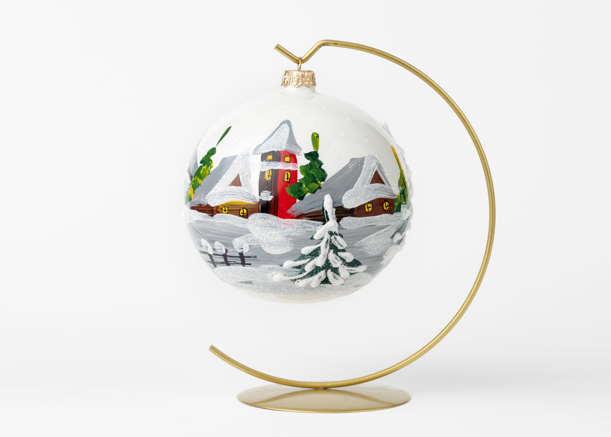 Adorno navideño, paisaje del campo, bola de cristal soplado 5" (blanco ópalo, 120mm)