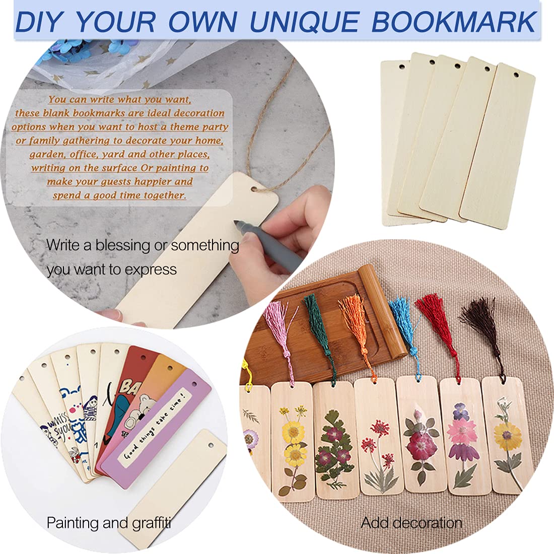 VEGCOO Marcapáginas Madera En Blanco, 20 Marcadores De Madera Para Manualidades, 20 Borlas De Y 20 Cuerdas De Cáñamo, Marcadores De Libros Rectangulares Para Bricolaje Y Decoración