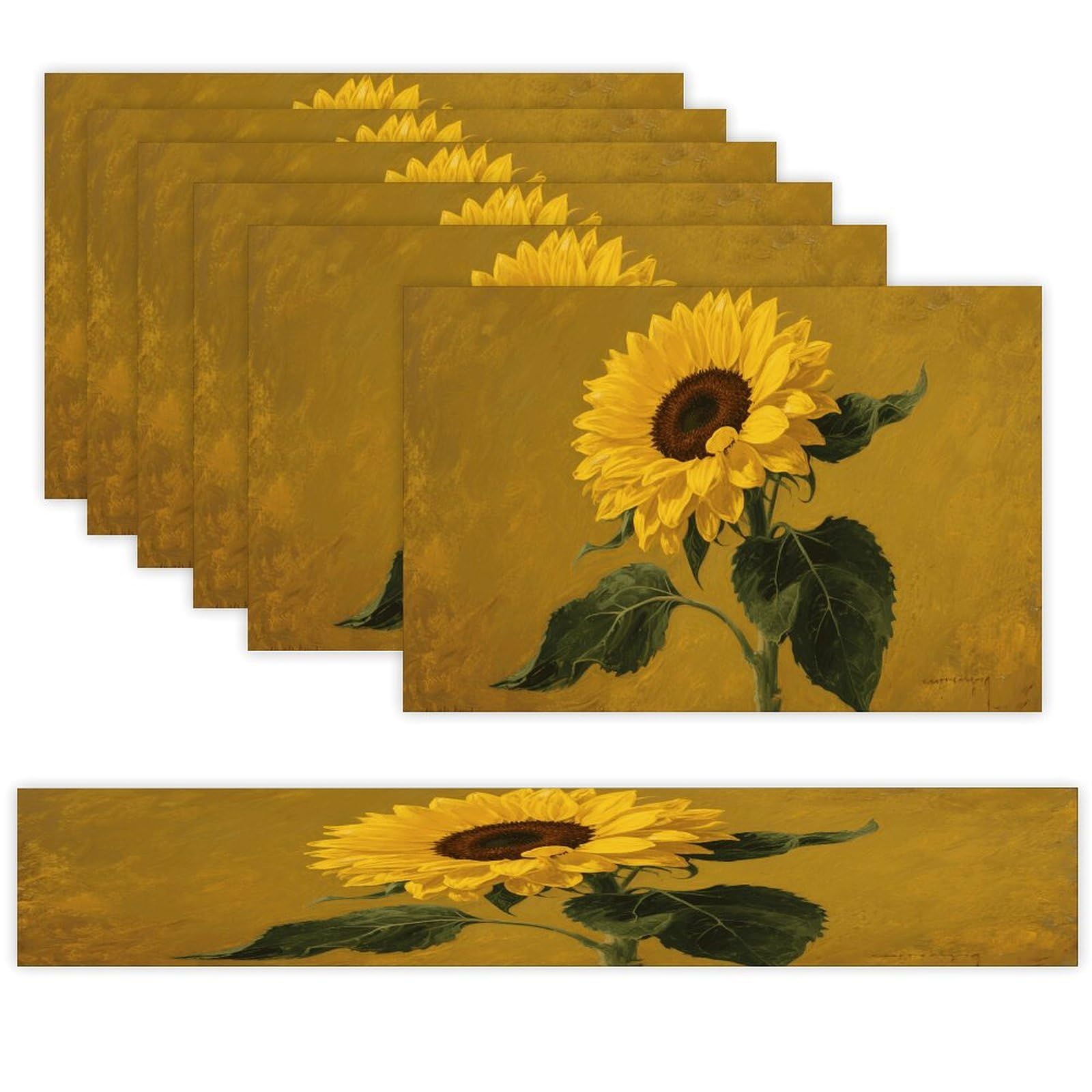 Floral Placemats Set of 7 Exquisite Linen Table Mat Seven Piece Set Includes 13"x71" Fashion Table Runner and 12"x18" Place Mat Decor for Kitchen Dining Room