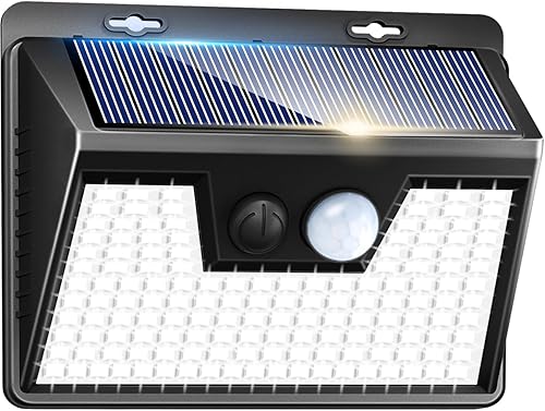 Miniatura 47 de Peasur Luces solares con sensor de movimiento para exteriores, paquete de 2 140 luces LED para valla, impermeable, marco blanco, iluminación de