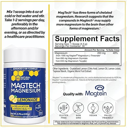 Vista 2 de Magtein Magnesium L-Threonate, Glycinate & Taurate - MagTech Magnesium Powder - Sugar Free Lemonade Drink - 200mg Chelated Triple Complex - Supports