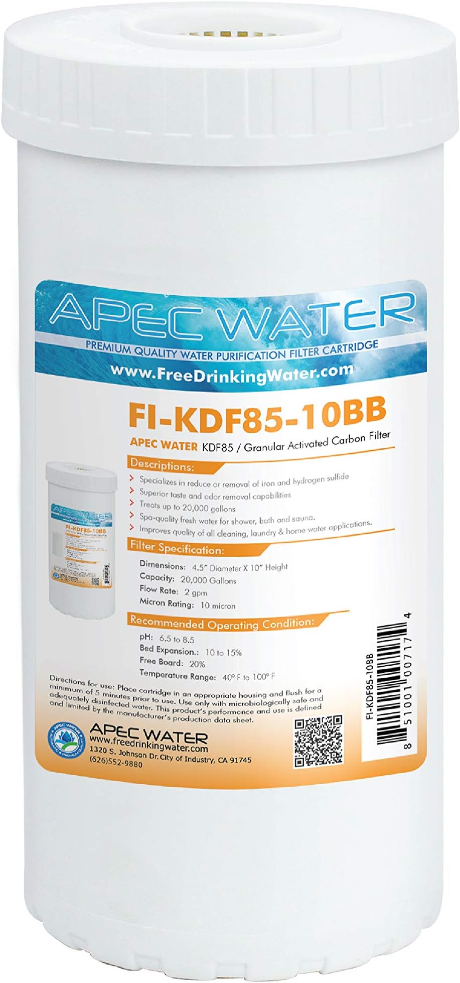 APEC Water Systems FI-KDF85-10BB US Made Iron and Hydrogen Sulfide Reduction Replacement Water Filter, 4.5"x10"