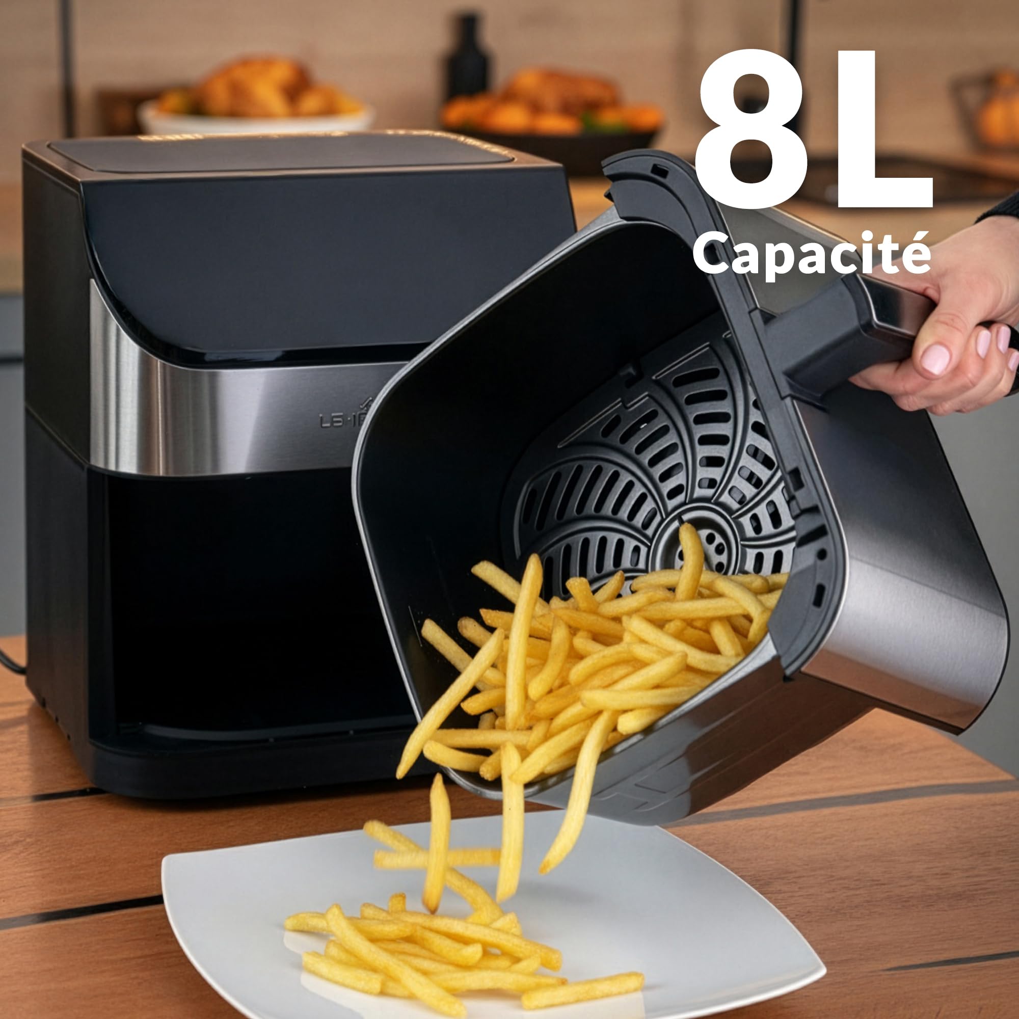 LEHMANN Air Fryer XXL 8L avec Compartiment Flexible Dual Zone, 12 programmes, Réglage de la Température 76-200 °C, Écran Tactile LED, Revêtement Antiadhésif, 90% de Matières Grasses en Moins