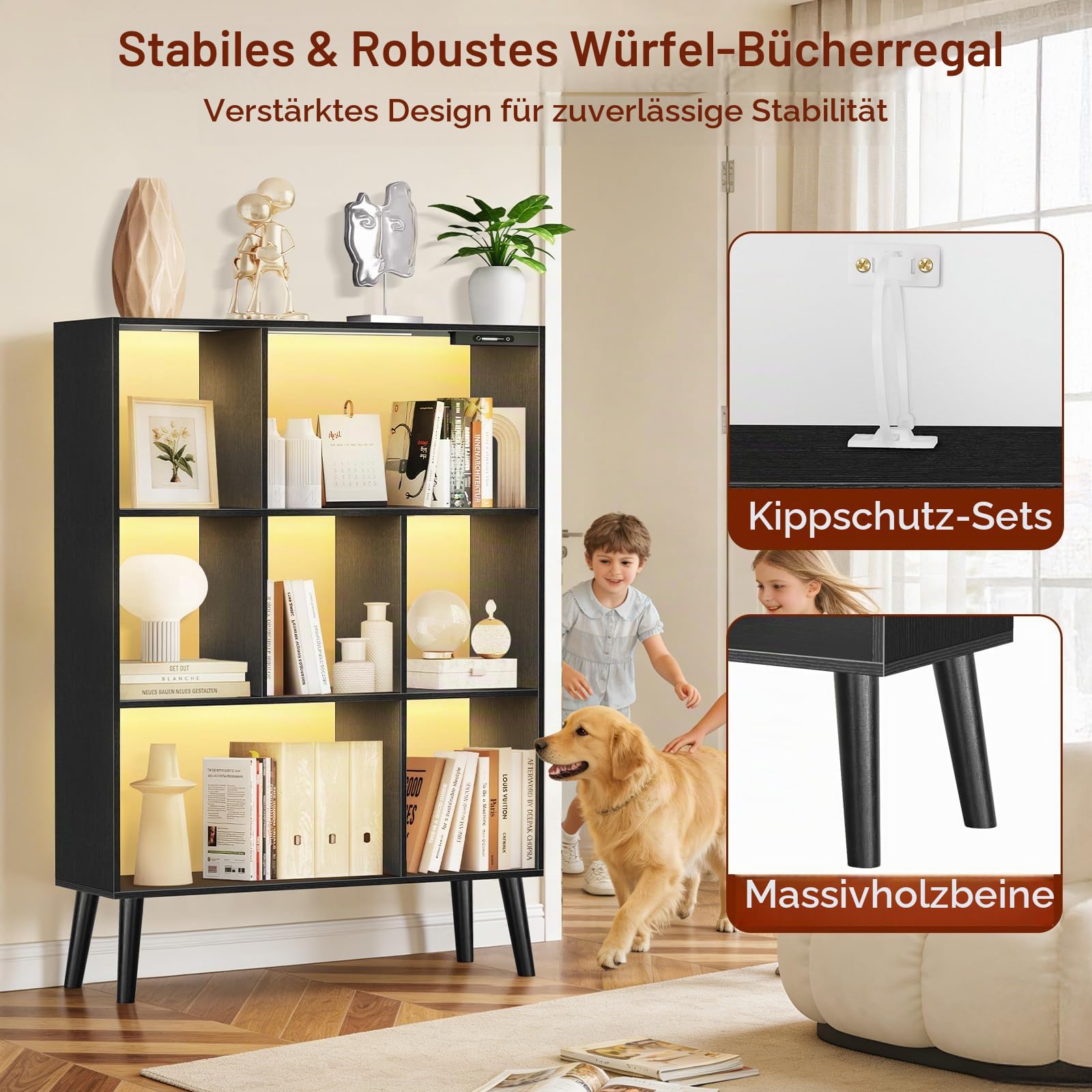 7-Würfel Bücherregal mit LED, Dimmbar, Touch & Fernbedienung, Freistehendes Holzregal, Offenes Aufbewahrungsregal, Display Regal für Wohnzimmer, Schlafzimmer, Büro