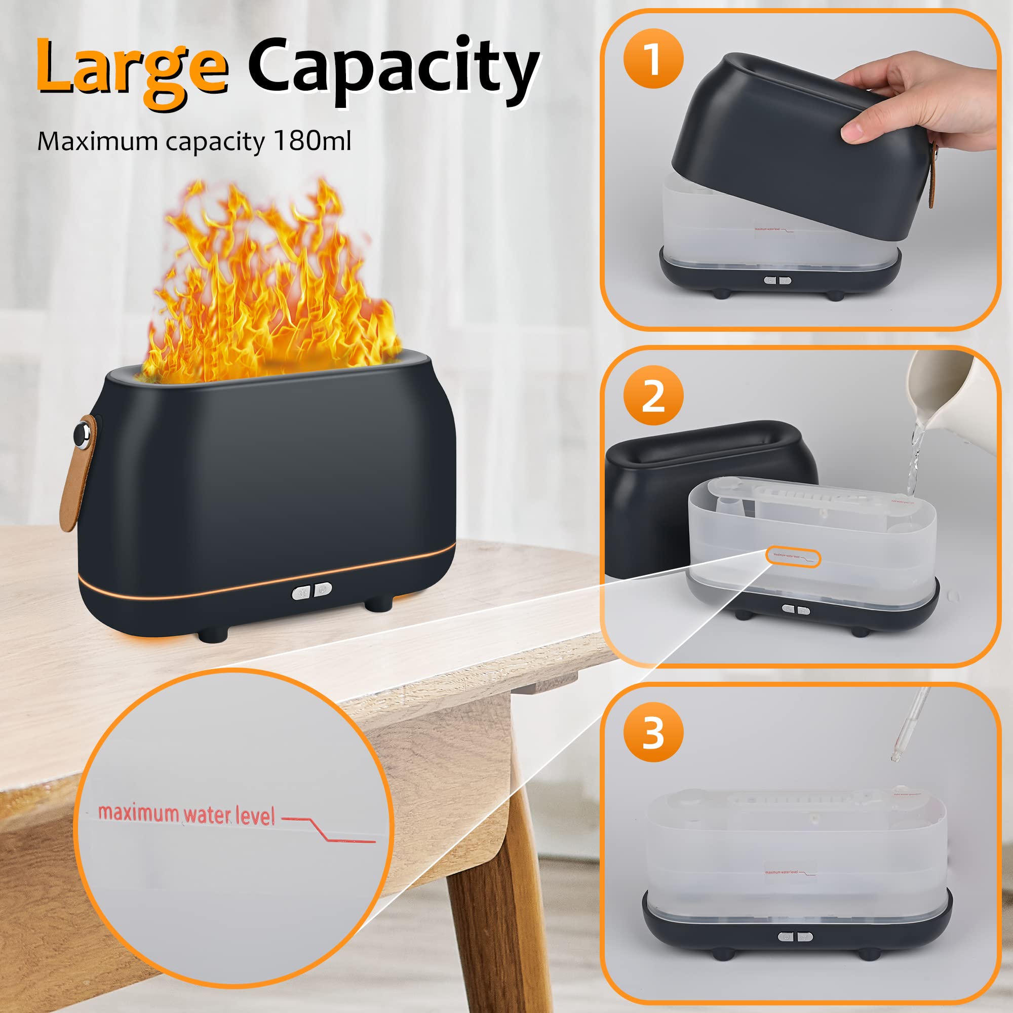 Aromatherapy Diffuser Flame Humidifier, Essential Oil Diffusers Quiet Flame Air Aroma Diffuser, Portable Fire Oils Diffuser with 5 Flame Colors for Bedroom, Home, Office, Waterless Auto-Off, 180ML