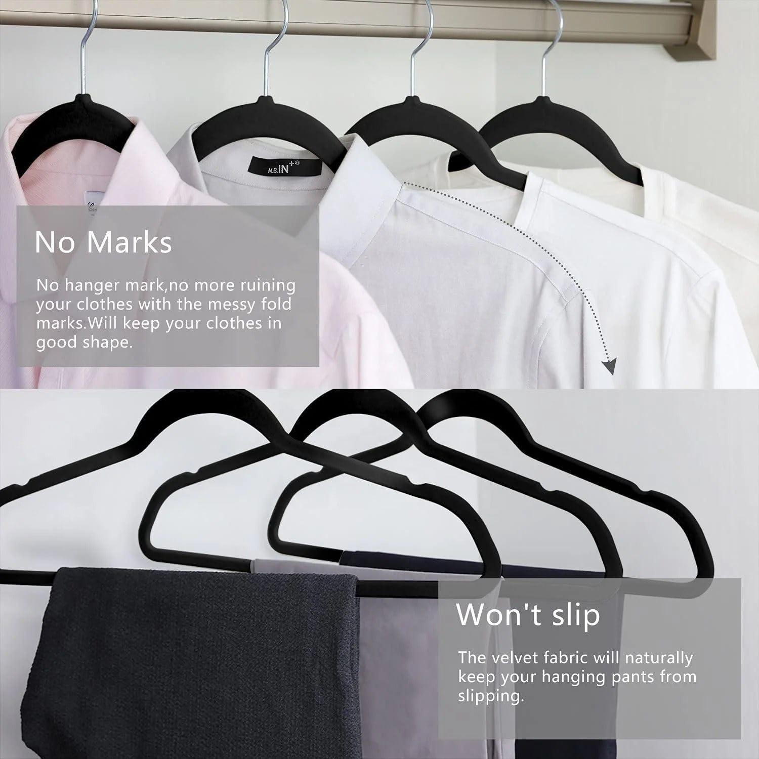 Black Velvet Hangers, Pack of 50, Thin Non-Slip Heavy Duty Hangers with Swivel Hooks for All Types of Clothes, Save Space in Closet