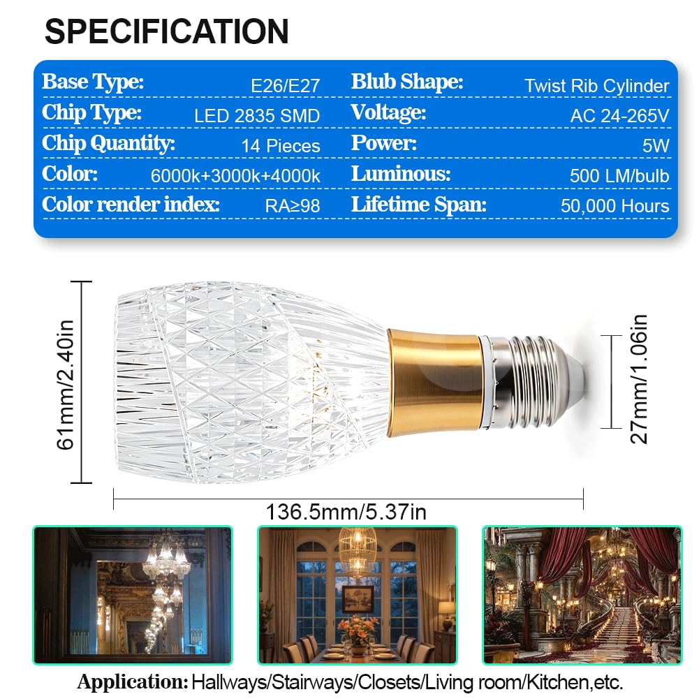 SOFOC LED E27 5W 3CCT Dimmable Cylindre Torsadé Lustre 6Pcs