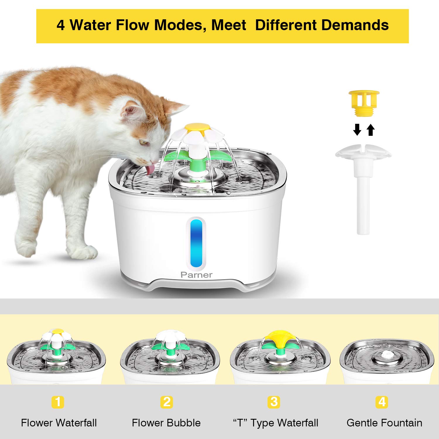 Cat Water Dispenser, Parner Stainless Steel Pet Fountain Flower 2.5L Auto Cat Fountain, Quiet Cat Drinking Fountain with 4 Filters & 1 Silicone Mat & 2 Cleaning Brushes for Cat, Dog, Bird, Other Pets - image 3