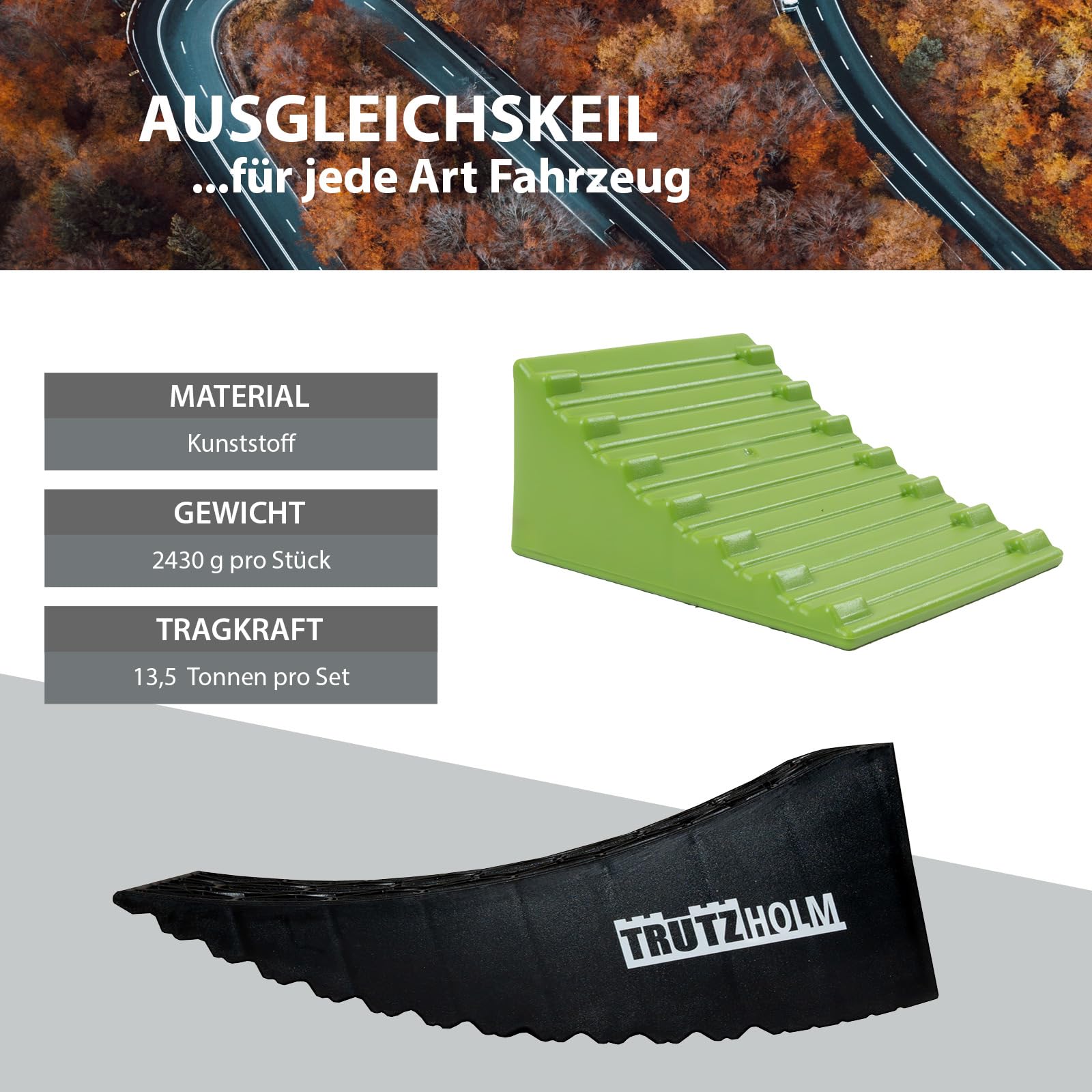 TRUTZHOLM 2X Auffahrkeile Set für Wohnmobil Wohnwagen PKW 13,5t Nivellierkeile rutschfest Ausgleichsrampe Kunststoff Höhenausgleichsrampe mit Unterlegmatten & Aufbewahrungstasche
