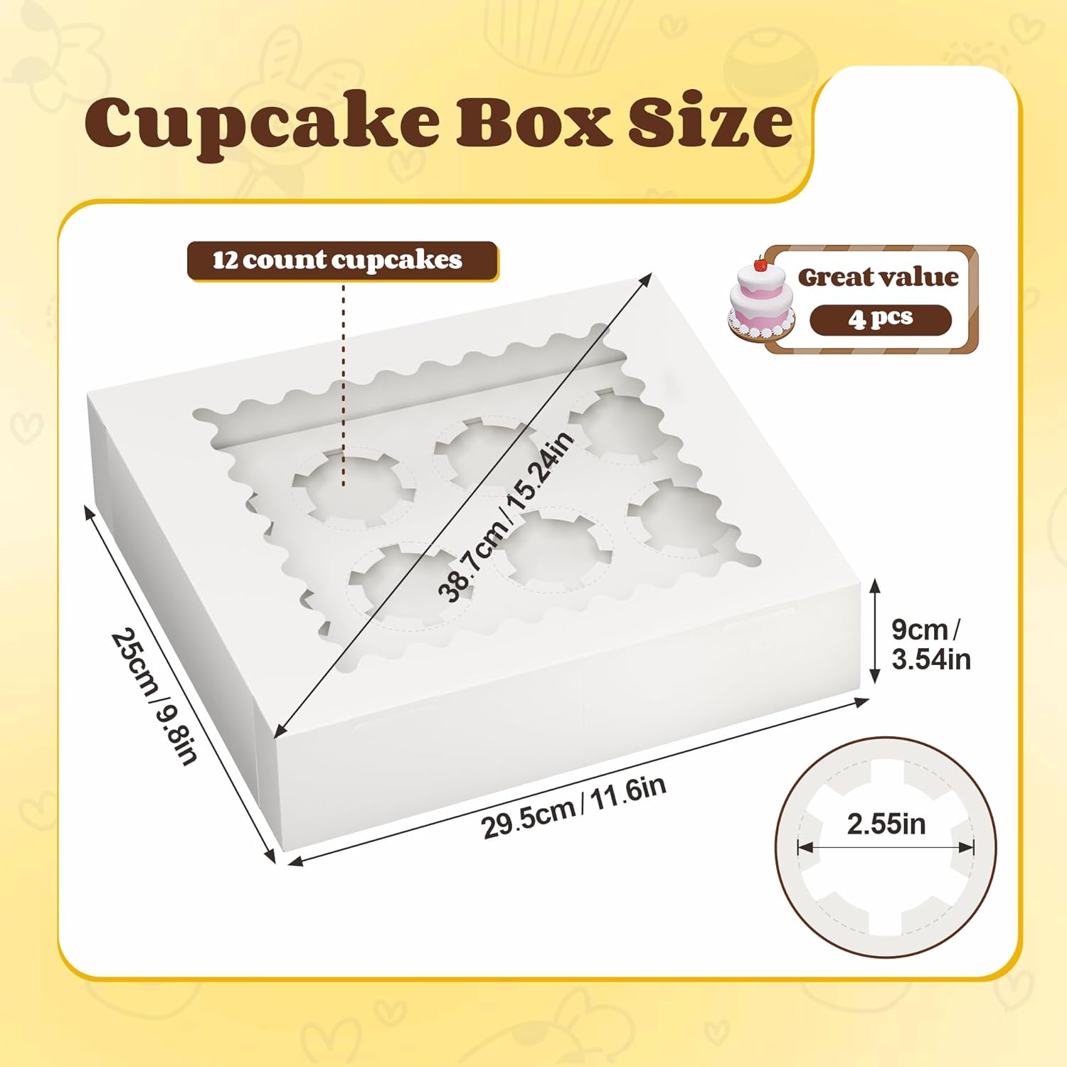 Condition photo showing Good Condition for 4pcs cupcake boxes, 12 count cupcake box, viewing window cupcake containers, suitable for parties, banquets, bakeries and similar settings