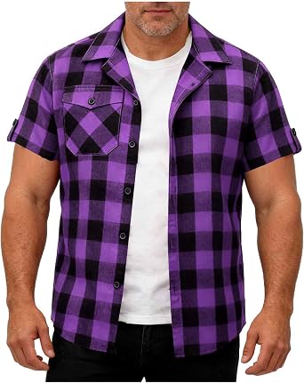 Mens Plaid Shirts Short Sleeve Button Down Tops Casual Lapel Collar Shirt Regular Fit Shirts with Flap Pockets