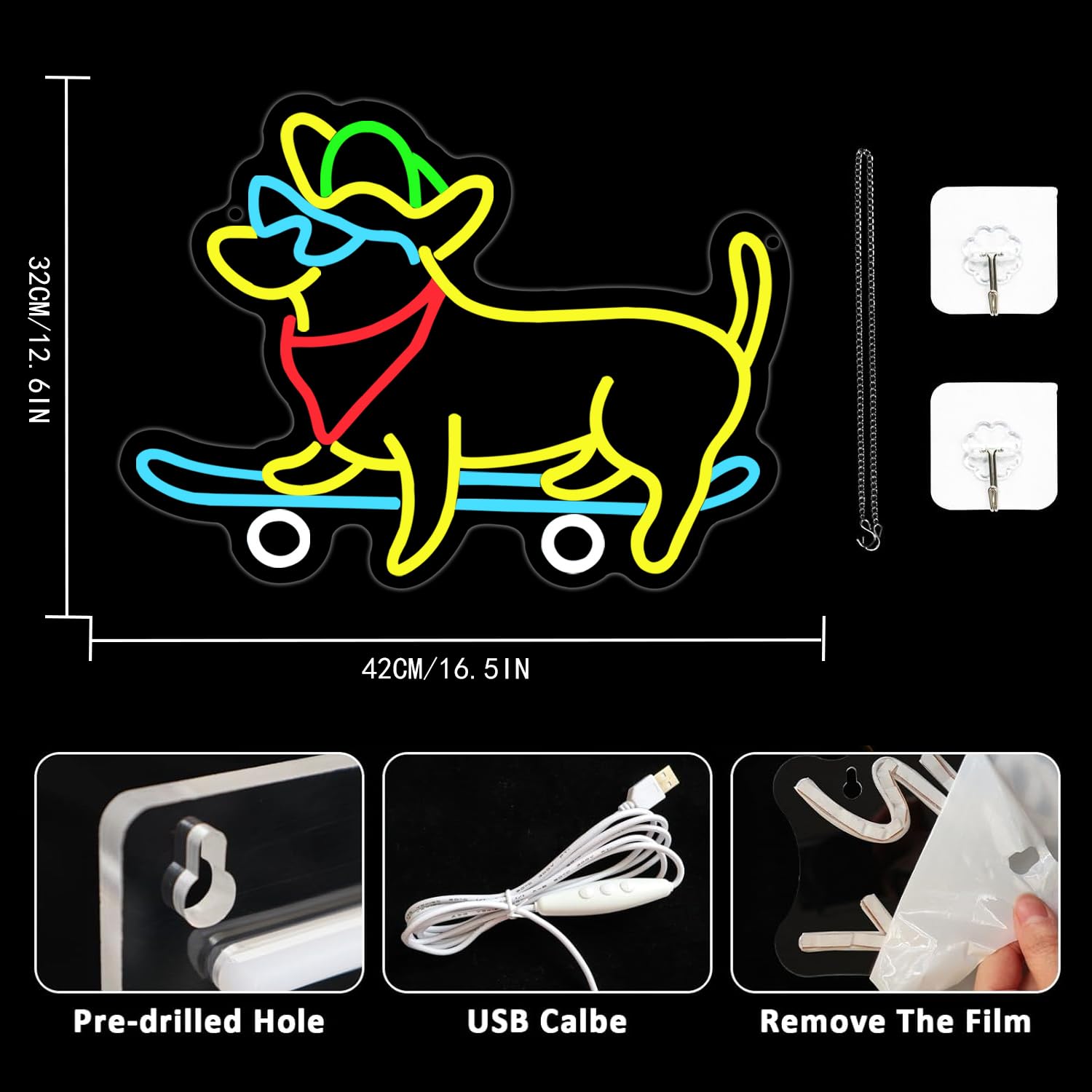 UExnkj-Y Neon Sign for Dachshund Skateboard Dog Neon Sign Dimmable Neon Sign for Bedroom Skateboard Shop, Pet Store - Image 3